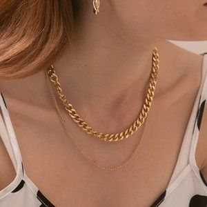 New 18K Gold Plated Link Chain Double Layer Necklace 9c